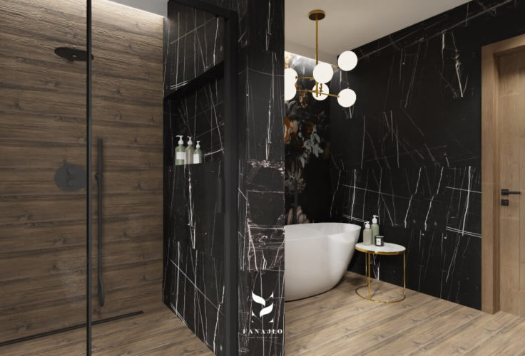 wanna wolnostojąca, projekt łazienki, tapeta w łazience,