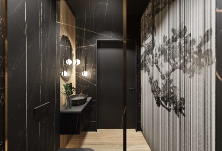 ciemna łazienka, drewno w łazience