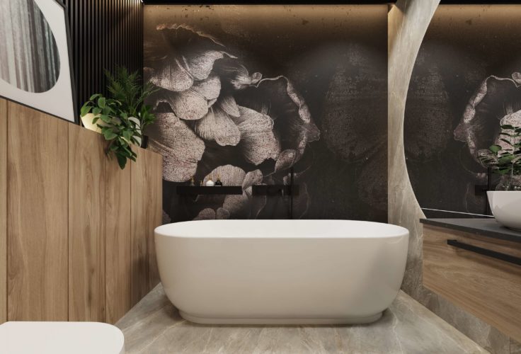 tapeta w łazience, projektowanie wnętrz, tapeta w kwiaty