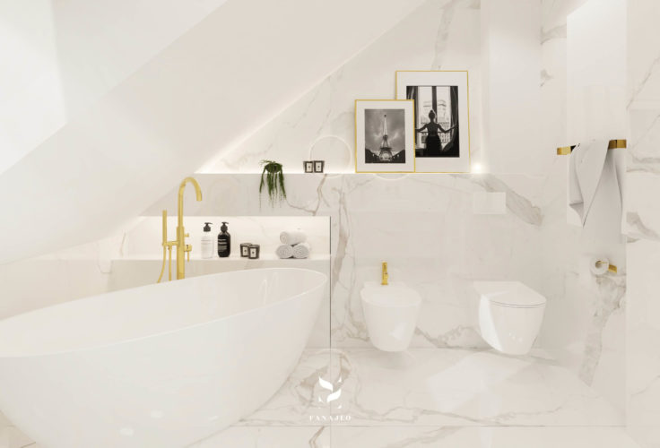 Łazienka ze skosem i białą jodełką  