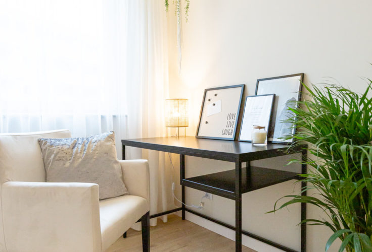 jasne wnętrze, czarne, metalowe biurko, kwietnik makrama, wiszący kwietnik