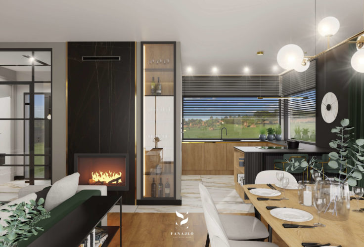 projektowanie wnętrz, witryna w kuchni, salon z kuchnią